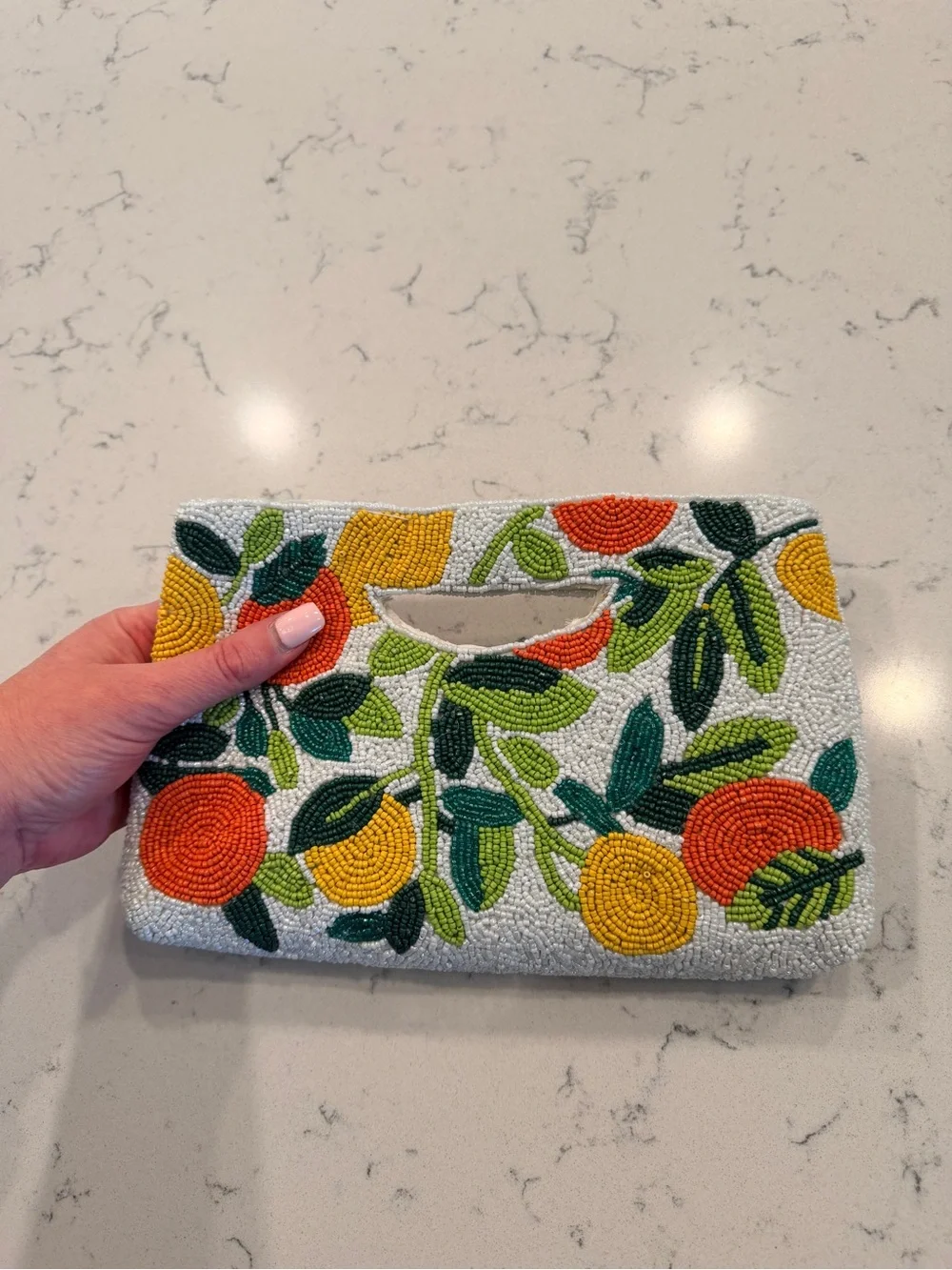 Viral Beaded Citrus Floral Handheld Clutch - White with Orange & Yellow